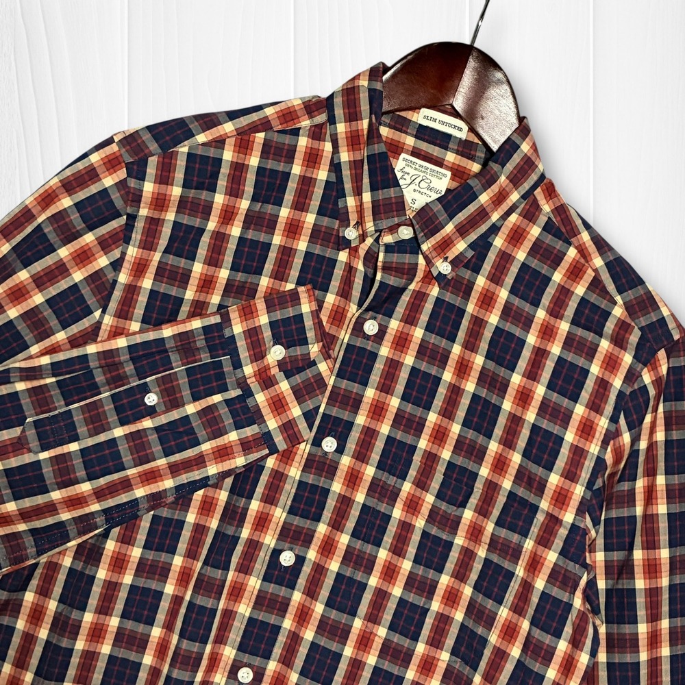 EUC J.Crew‎ Secret Wash Shirt Slim Untucked Plaid Organic Cotton Stretch Mens S
